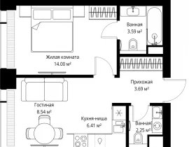 1-комнатная квартира, 38.48 м2 , 2 этаж, ул. Верейская, 29/42 - фото 1