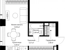 1-комнатная квартира, 31.91 м2 , 3 этаж, ул. Верейская, 29/42 - фото 1