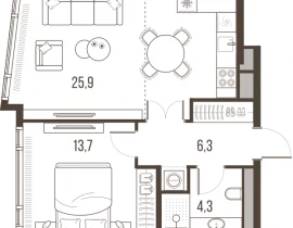 2-комнатная квартира, 50.9 м2 , 18 этаж, Летниковская, 11 - фото 1