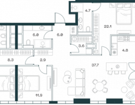4-комнатная квартира, 130.8 м2 , 17 этаж, Орджоникидзе, 10 - фото 1
