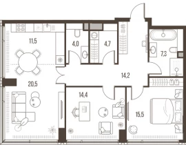 3-комнатная квартира, 92.1 м2 , 14 этаж, Летниковская, 11 - фото 1