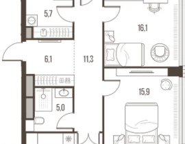 4-комнатная квартира, 125.6 м2 , 27 этаж, Летниковская, 11 - фото 1
