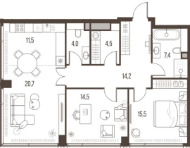 3-комнатная квартира, 92.3 м2 , 32 этаж, Летниковская, 11 - фото 1