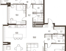 4-комнатная квартира, 165.2 м2 , 43 этаж, Летниковская, 11 - фото 1