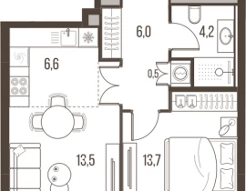 2-комнатная квартира, 44.5 м2 , 13 этаж, Летниковская, 11 - фото 1