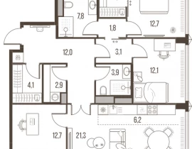 4-комнатная квартира, 104.7 м2 , 25 этаж, Летниковская, 11 - фото 1