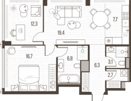 3-комнатная квартира, 74.8 м2 , 23 этаж, Летниковская, 11 - фото 1