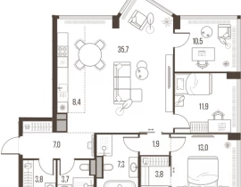 4-комнатная квартира, 106.9 м2 , 23 этаж, Летниковская, 11 - фото 1