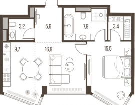 2-комнатная квартира, 62.2 м2 , 30 этаж, Летниковская, 11 - фото 1