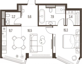 2-комнатная квартира, 61.6 м2 , 32 этаж, Летниковская, 11 - фото 1
