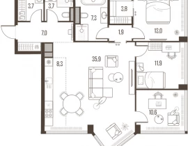 4-комнатная квартира, 107.1 м2 , 32 этаж, Летниковская, 11 - фото 1