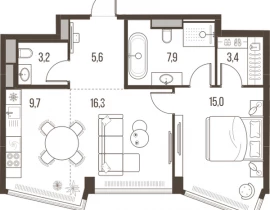 2-комнатная квартира, 61.1 м2 , 34 этаж, Летниковская, 11 - фото 1