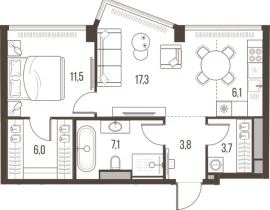 2-комнатная квартира, 55.5 м2 , 34 этаж, Летниковская, 11 - фото 1