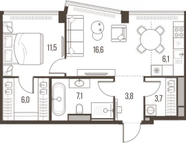 2-комнатная квартира, 54.8 м2 , 38 этаж, Летниковская, 11 - фото 1