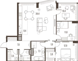 4-комнатная квартира, 105.1 м2 , 5 этаж, Летниковская, 11 - фото 1