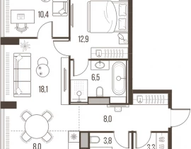 3-комнатная квартира, 71.1 м2 , 7 этаж, Летниковская, 11 - фото 1