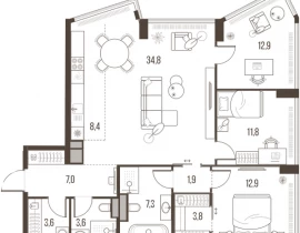 4-комнатная квартира, 108 м2 , 8 этаж, Летниковская, 11 - фото 1
