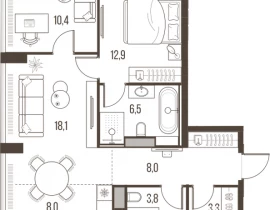 3-комнатная квартира, 71.1 м2 , 9 этаж, Летниковская, 11 - фото 1