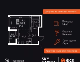 Студия, 34.8 м2 , 35 этаж, Строительный проезд, 9 - фото 1