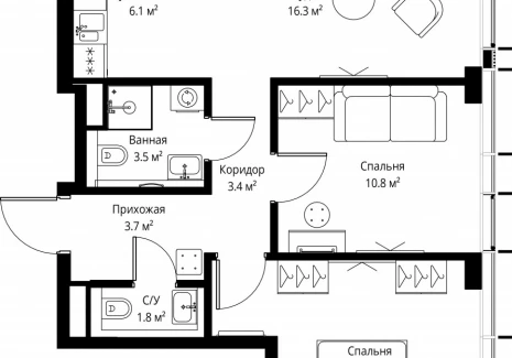 2-комнатная квартира - 2-я Хуторская, 34 / ЖК Симфония 34 - фото 1
