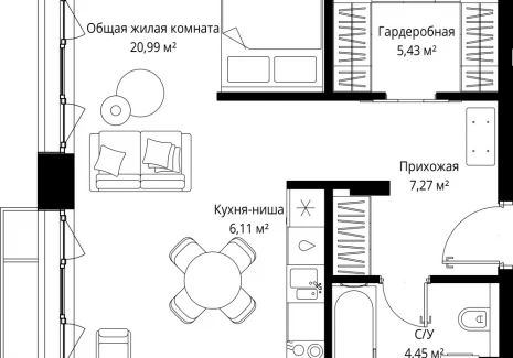 1-комнатная квартира - Деревня Ликино / ЖК Мыс - фото 1