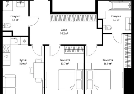 2-комнатная квартира - 1-й Красногвардейский проезд, 13 / ЖК ОНЕ - фото 1