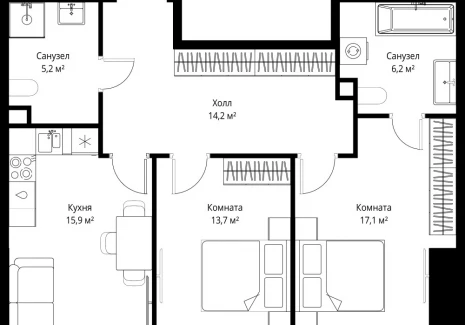 2-комнатная квартира - 1-й Красногвардейский проезд, 13 / ЖК ОНЕ - фото 1