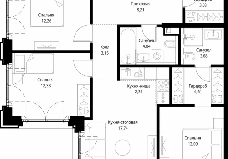 3-комнатная квартира - квартал Клиф, 5 / ЖК Сити Бэй - фото 1
