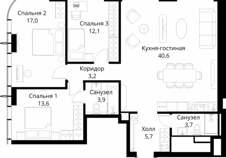 3-комнатная квартира - Волоколамское шоссе, 95/2 / ЖК Сити Бэй - фото 1