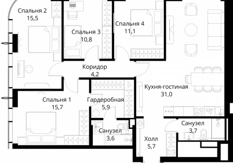 4-комнатная квартира - Волоколамское шоссе, 95/2 / ЖК Сити Бэй - фото 1