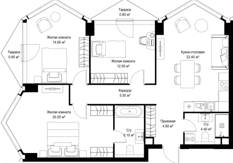 3-комнатная квартира - Серегина, 5 / ЖК С5 - фото 1