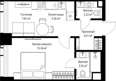 1-комнатная квартира - ул. Верейская, 29/42 / ЖК ВЕЕР - фото 1