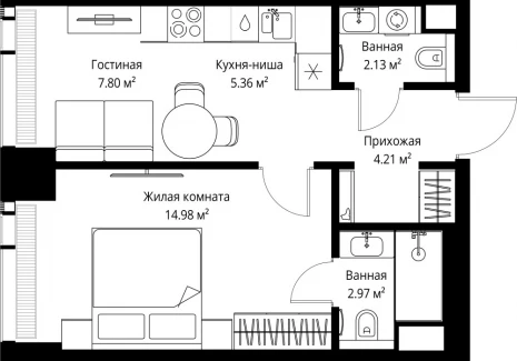 1-комнатная квартира - ул. Верейская, 29/42 / ЖК ВЕЕР - фото 1