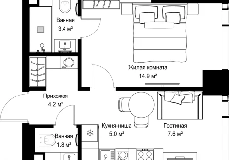 1-комнатная квартира - ул. Верейская, 29/42 / ЖК ВЕЕР - фото 1