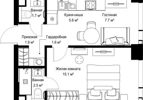 1-комнатная квартира - ул. Верейская, 29/42 / ЖК ВЕЕР - фото 1