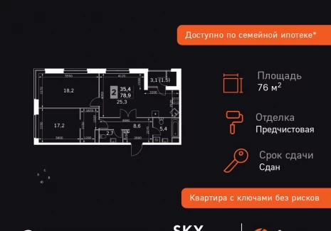 3-комнатная квартира - Строительный проезд, 9 / ЖК Скай Гарден - фото 1